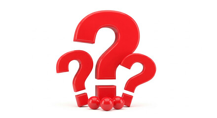 Fototapete - Three red question marks, one large and two smaller, stand on a base of red spheres, against a white background, symbolizing inquiry, uncertainty, or problem-solving
