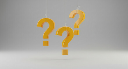 Fototapete - Three yellow question marks hang from thin strings against a gray background, representing uncertainty, inquiry, or the search for answers.  Free space available