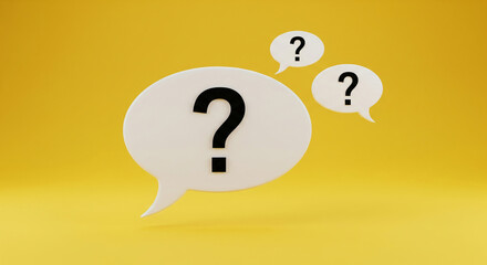 Fototapete - White speech bubbles with black question marks on yellow background, symbolizing inquiry, question, or FAQ concept