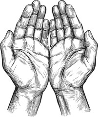 Poster - Detailed black and white sketch of open hands showing palms upward