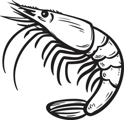 Poster - Black and white illustration of a shrimp with detailed lines, seafood art
