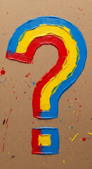 Poster - Thick paint strokes form a question mark in blue, yellow, and red on brown textured background, symbolizing inquiry, uncertainty, or artistic expression