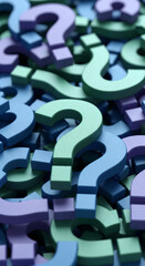 Fototapete - Close-up of many blue, green, and purple question marks, creating a textured background symbolizing uncertainty, inquiry, or the search for answers