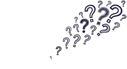 Fototapete - Hand-drawn question marks scattered on white background, creating dynamic, inquisitive design, suitable for question-related concepts or FAQ pages