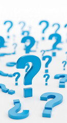 Fototapete - Blue 3D question marks on white background, one large question mark in focus, symbolizing inquiry, uncertainty, and search for answers