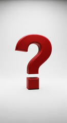 Fototapete - Red question mark, 3D render, simple design, stands on a small cube, against white background, symbolizes inquiry, question, uncertainty, or problem-solving
