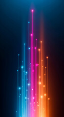 Poster - Abstract image of glowing vertical lines in blue, pink, and orange hues on dark background, suggesting connection, energy, or technology