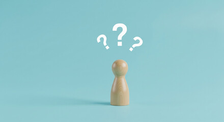 Poster - Wooden figure on light-blue background with question marks above, symbolizing uncertainty, decision-making, or problem-solving, ideal for concept illustration or website banner