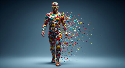 Poster - Human figure formed from colorful pills, disintegrating, symbolizing medication, health, dependence, or fragility,  suitable for medical or conceptual projects