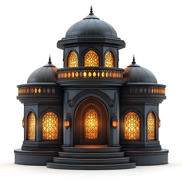 Elegant dark mosque model with illuminated windows and intricate detailing, set against a white background.