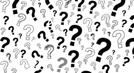 Fototapete - White background scattered with black question marks of varying sizes and styles, symbolizing inquiry, uncertainty, or a quest for knowledge