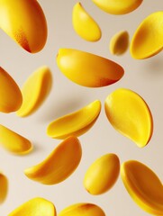 Poster - Floating Mango Slices Create a Vibrant Display With Real Shadows on a Clean Background