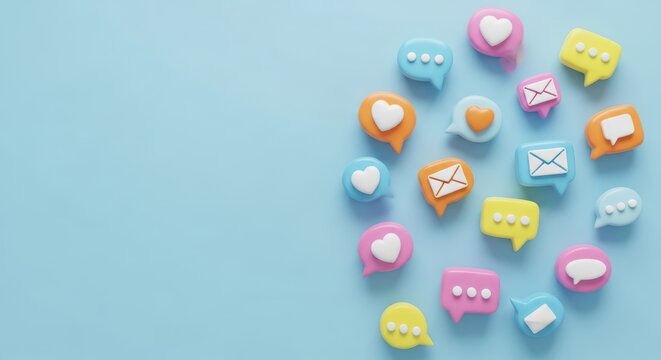 Photo of colorful 3d speech bubbles and social media icons arranged on a light blue background