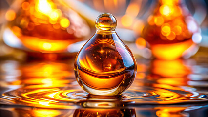 Poster - Close up of a glass bottle filled with amber liquid creating ripples on a reflective surface