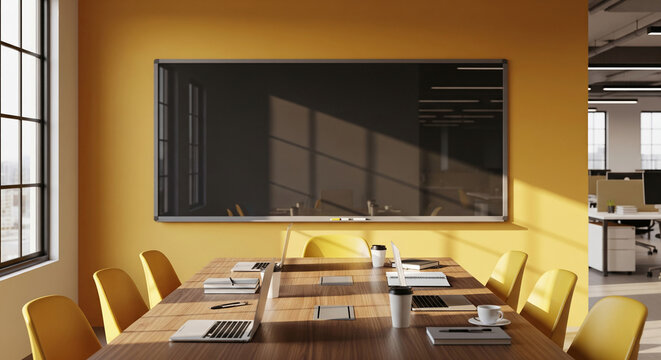 Modern office conference room with large blank whiteboard, wooden table, yellow chairs, and laptops Mockup for presentation or advertising