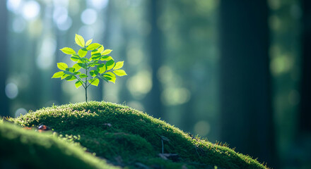 Poster - Young sprout growing on moss, sunlit forest background, symbolizes growth, new beginnings, nature's resilience