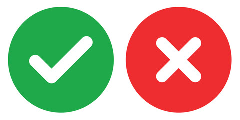 Poster - Sharp green checkmark and red cross on isolated white background vector symbol for right and wrong choices. Modern flat design, Checkmark icon set. Checkmark right symbol tick sign 