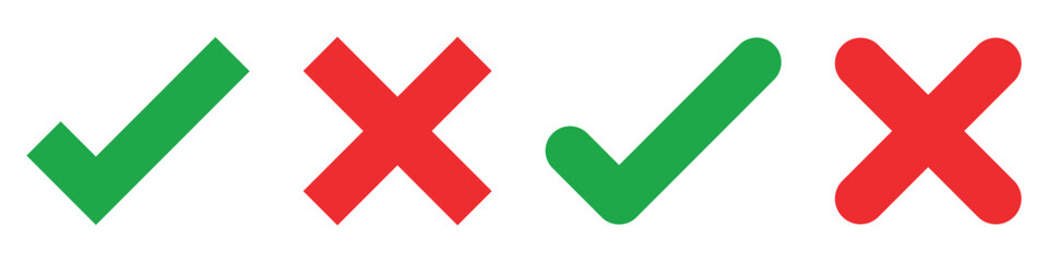 Poster - Sharp green checkmark and red cross on isolated white background vector symbol for right and wrong choices. Modern flat design, Checkmark icon set. Checkmark right symbol tick sign 