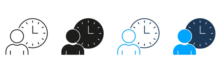 Fototapete - Person With Clock Line And Solid Icon Set. Time Management, Scheduling, And Productivity Tracking Symbol Collection. Efficient Planning And Organization. Isolated Vector Illustration