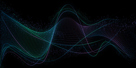 Aufkleber - Big data, technology, science, music, outer space. Abstract background, flowing dot particles wave pattern and smooth curves on black background.