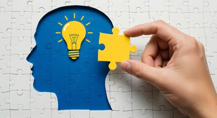 Poster - Man's hand placing a yellow puzzle piece with a light bulb into a blue head silhouette. Concept of creativity, solution, and innovation.