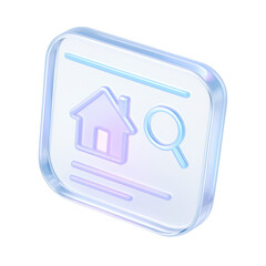 Poster - Semitransparent crystal icon of  house and magnifying glass in a holographic design, representing real estate search and futuristic technology
