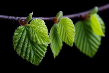 Aufkleber - Bright green leaves on a branch against a dark background in early springtime