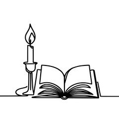 Poster - Open book with candle on table in single line outline vector style  