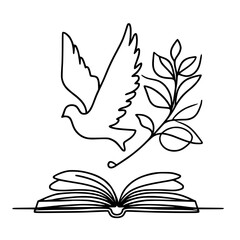 Poster - Outline of an open book with a dove flying and olive branch above  