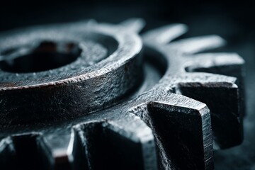 Poster - Close-up view of a metallic gear showcasing intricate details and texture in industrial setting