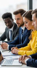 Poster - Close-up of businesspeople reviewing documents, showcasing teamwork and collaboration in a professional setting.  Symbolizes success, strategy, and corporate growth.