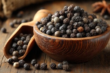 Aufkleber - Black pepper corns in a wooden bowl with a scoop on a rustic wooden table