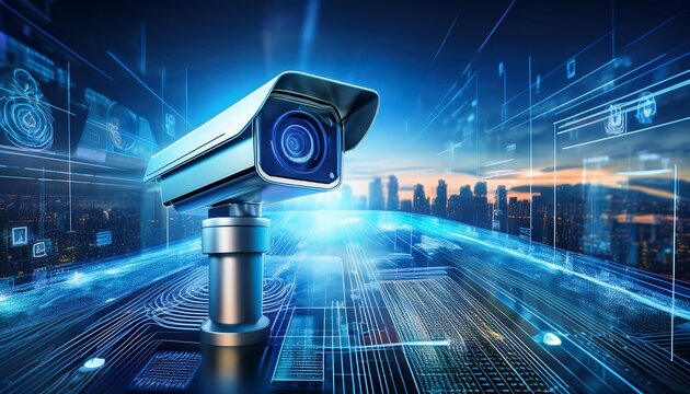 digital security in high definition a sleek security camera poised for vigilance is juxtaposed with holographic data representations it embodies the intersection of security technology