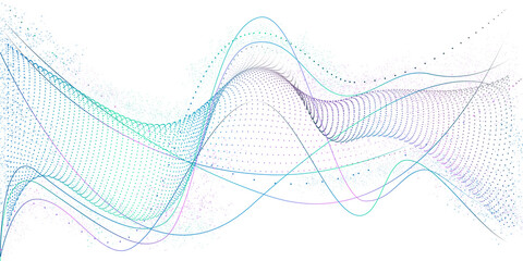 Poster - Abstract wave of lines and dots. Flowing dot particle wave background, flow lines, wireframe and dots, on transparent background. Datum technology network, science, artificial intelligence concept.
