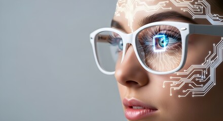Aufkleber - Woman wearing glasses with an eye featuring glowing circuit board lines. Concept of advanced technology or augmented reality.