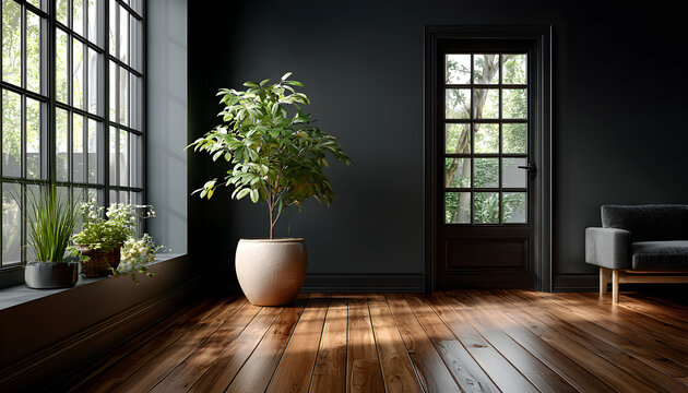 Empty modern room with black wall wooden floor. Interior 3D rendering. Green plant in pot near window. Minimalist style apartment design, studio space. Home decor element with copy space for product