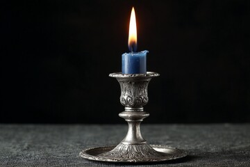Aufkleber - Soft candlelight illuminates a blue candle in an ornate silver holder on a dark textured surface