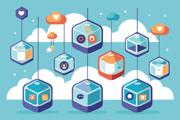 Poster - Abstract hanging cubes and clouds in a digital illustration with loving and social media inspired elements