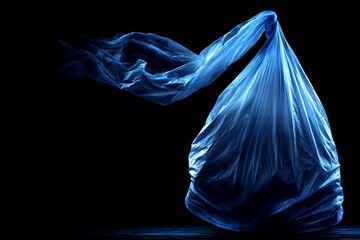 Leinwandbilder - Blue plastic bag floating in a dark space with flowing fabric-like appearance during evening light
