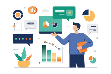 Poster - Business professional presenting financial data and analytics for successful company growth in a modern illustration style.