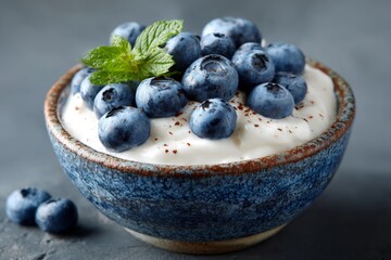 Poster - Delicious yogurt topped with fresh blueberries and mint leaf in a rustic bowl on a dark surface