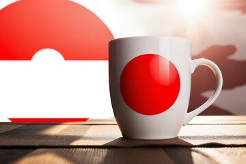 Poster - A white mug with a vibrant red circle sits on a wooden surface, bathed in a soft, warm light.
