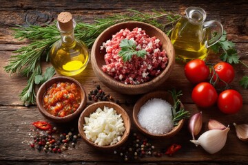 Aufkleber - Fresh ingredients arranged on a wooden table for preparing a delicious meal with herbs and vegetables