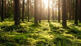 Sunlight filtering through a pine forest