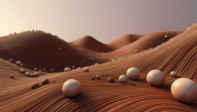 abstract 3d rendering of textured hills with scattered spheres