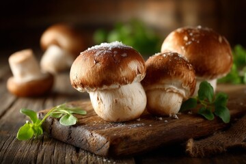 Aufkleber - Freshly harvested mushrooms displayed on rustic wooden board in a cozy kitchen setting