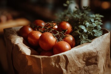 Poster - Fresh tomatoes and herbs in a rustic paper bag at a market stall, showcasing vibrant colors and organic produce