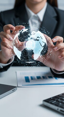 Fototapete - Businessperson's hands hold a holographic globe, symbolizing global finance or network connections.  Clean, modern aesthetic showcases business and technology integration