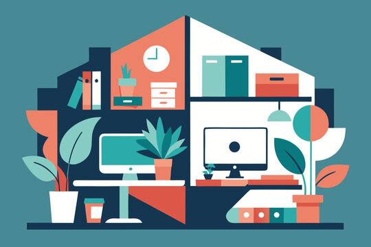 Modern home office interior design illustrative artwork featuring plants desks and workspaces.
