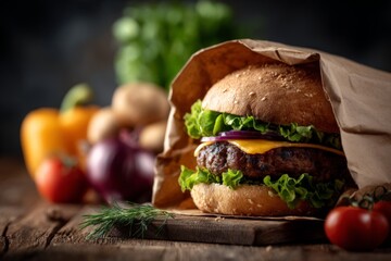 Aufkleber - Juicy burger wrapped in paper with fresh vegetables, captured in a rustic kitchen setting during evening light
